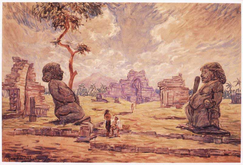 Oil painting. Temple ruins in Candi Sewu